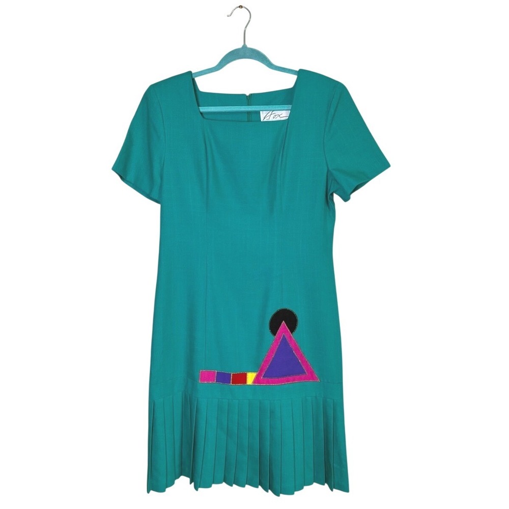 L. FOX 1980s Vintage Size 12‎ Artsy Embroidered Pleated Hem Sheath Dress USA